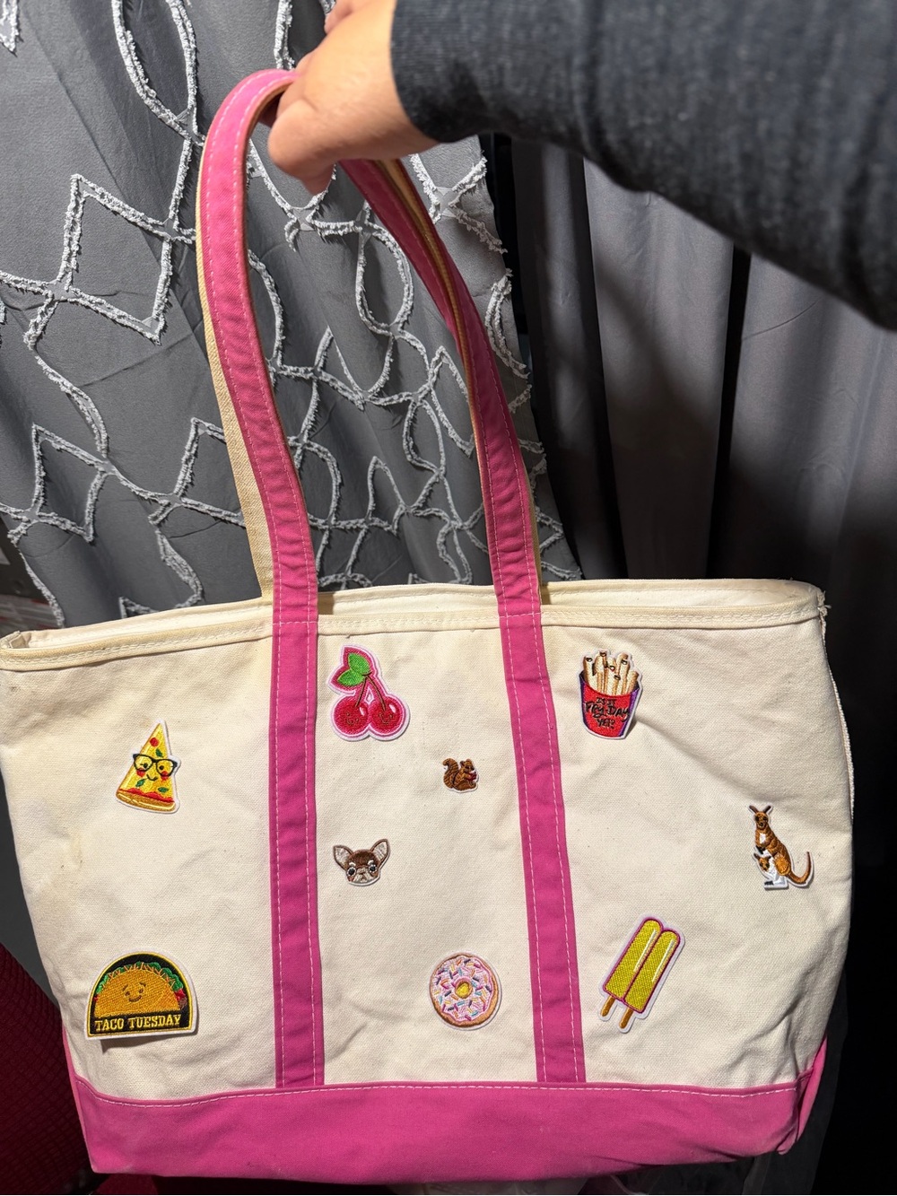 Canvas Tote Bag with Pink Trim and Fun Patchwork